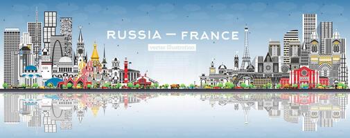 ryssland och Frankrike horisont med grå byggnader, blå himmel och reflektioner. känd landmärken. Frankrike och ryssland begrepp. diplomatisk relationer mellan länder. vektor