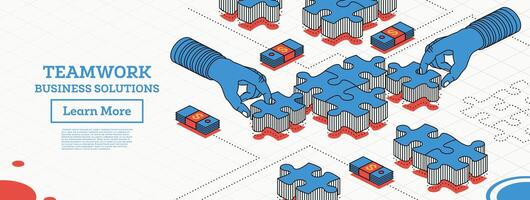 Zusammenarbeit Konzept. Hände halt Stücke von Puzzle und Versuchen zu verbinden Es. Vektor Illustration. Gliederung isometrisch Konzept. Geschäft Lösung. Infografik Element.