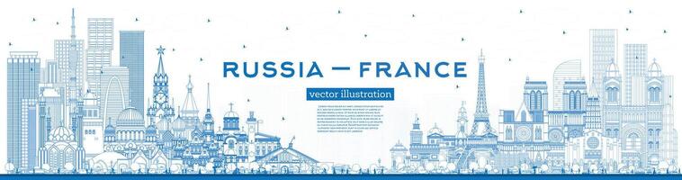 översikt ryssland och Frankrike horisont med blå byggnader. känd landmärken. vektor illustration. Frankrike och ryssland begrepp. diplomatisk relationer mellan länder.