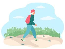 Alten Frau Gehen mit Rucksack draußen. im Ruhestand Frau Reisen aktiv. wandern, Wandern, gesund Lebensstil, aktiv Altern Konzept zum Banner, Webseite Design. eben Vektor Illustration.