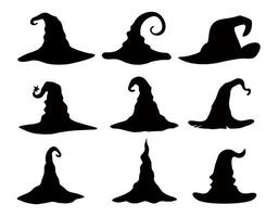 häxa hattar vektor ikoner, halloween fest kostym element. tecknad serie trollkarl huvudbonader, traditionell trollkarl kepsar. magi keps ondska med Spindel webb