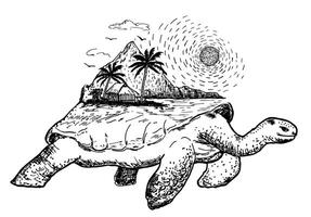 skizzieren Schildkröte. Schildkröte und ein tropisch Strand im tätowieren Stil. doppelt Belichtung. Logo, tätowieren und Dekoration. vektor