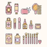 Haut, Körper, Haare Pflege Pixel Kunst Symbole Make-up einstellen Illustration Zeichen Sammlung.verschiedene anders kosmetisch Produkte. Verpackung im anders Formen zum Hautpflege Produkte. Vektor Illustration