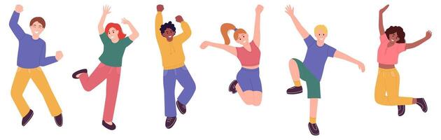 Lycklig människor fira uppsättning, Hoppar och skrattande män och kvinnor, Lycklig känslor, vektor illustration