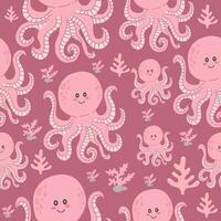 nahtlos Rosa Muster mit süß Kraken, Korallen und Muscheln auf ein dunkel Rosa Hintergrund vektor
