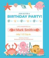 barns fest inbjudan med söt hav djur. trendig mall illustration med information vektor