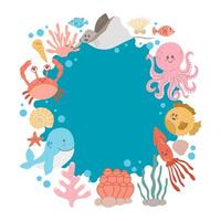 runda blå ram med annorlunda hav djur på en vit bakgrund. vektor illustration