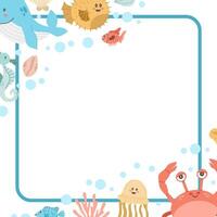 Rahmen mit süß Meer Tiere im kawaii Stil auf ein Weiß Hintergrund. Blau Streifen rahmen. Vektor