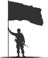 ai genererad silhuett soldater eller armén utgör i främre av de tom flagga svart Färg endast vektor