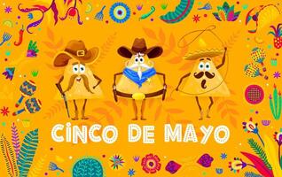 cinco de mayo baner med tecknad serie mexikansk nachos cowboy tecken, Semester vektor bakgrund. rolig nacho charro i sombrero med lasso, sheriff cowboy ranger med hagelgevär för cinco de mayo Semester