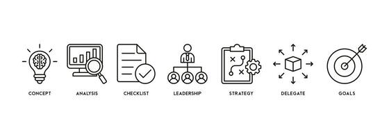 planera begrepp vektor illustration med baner ikoner av begrepp, analys, checklista, ledarskap, strategi, delegera och mål