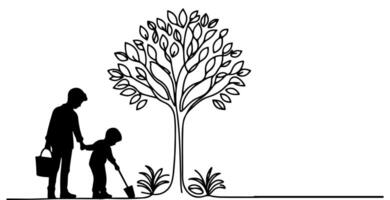 kontinuierlich einer schwarz Linie Kunst Zeichnung Silhouette von Kinder Pflanzen Baum. Schaufel gräbt Wurzeln Pflanze in Boden zu speichern das Welt und Erde Tag reduzieren global Erwärmen Wachstum vektor