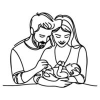 kontinuierlich einer schwarz Linie Kunst Zeichnung Eltern mit Neugeborene Baby Kritzeleien Gliederung Stil Vektor Illustration auf Weiß Hintergrund