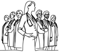kontinuierlich einer schwarz Linie Kunst Hand Zeichnung Ärzte. National Arzt Tag Konzept Vektor Illustration auf Weiß Hintergrund mit Kopieren Raum