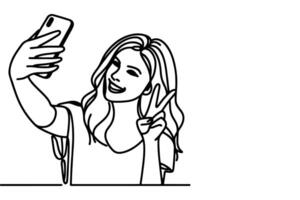 kontinuierlich einer schwarz Linie Kunst Zeichnung heiter jung Mädchen halten Smartphone zu nehmen Schauspielkunst Selfie oder Video Anruf durch Handy, Mobiltelefon Telefon Gliederung Gekritzel Vektor Familie Reise Konzept