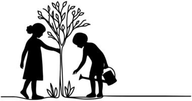 kontinuierlich einer schwarz Linie Kunst Zeichnung Silhouette von Kinder Bewässerung ein Baum. Pflanzen Baum zu speichern das Welt und Erde Tag reduzieren global Erwärmen Wachstum Konzept Vektor Illustration auf Weiß Hintergrund