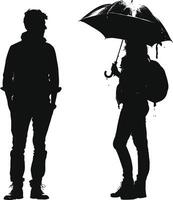 ai genererad silhuett kvinna och man med paraply svart Färg endast full kropp vektor