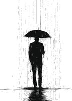 ai generiert Silhouette Mann mit Regenschirm während Nieselregen schwarz Farbe nur vektor