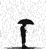 ai generiert Silhouette Junge mit Regenschirm während Nieselregen schwarz Farbe nur vektor
