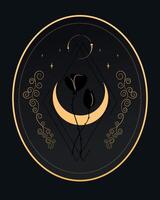 abstrakt himmlisch Emblem mit ein Halbmond, Sterne und Blumen auf schwarz Hintergrund. Vektor Illustration
