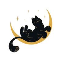 rolig svart katt är liggande på en halvmåne. vektor illustration
