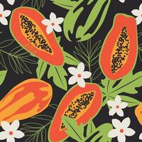 Papaya mit Blätter nahtlos Muster auf schwarz Hintergrund. hawaiisch Früchte zum Mode Stoffe, Textilien, dekorativ Kissen. Vektor. vektor