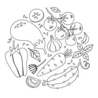 Komposition im ein Kreis von saisonal Gekritzel Gemüse. Vektor Illustration isoliert auf Weiß Hintergrund. Färbung Buch zum Kinder.