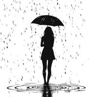 ai generiert Silhouette Mädchen mit Regenschirm während Nieselregen schwarz Farbe nur vektor
