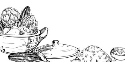 hand dragen bläck vektor illustration, matlagning pott keramik vegetabiliska gryta majs majs quinoa, söder amerikan kök horisontell ram isolerat vit bakgrund. design resa, semester, broschyr, skriva ut