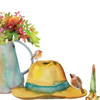 hand dragen vattenfärg illustration vår trädgårdsarbete, vattning kan med blommor, sugrör hatt, fåglar robin Sparv, Glödlampa gro. fyrkant ram isolerat på vit bakgrund. design skriva ut, affär, scrapbooking vektor