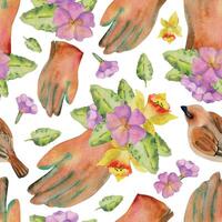 Hand gezeichnet Aquarell Illustration Frühling Gartenarbeit, Leder schützend Handschuh mit Blätter und Blumen, Spatz Vogel. nahtlos Muster isoliert auf Weiß Hintergrund. drucken, Geschäft, Scrapbooking, Verpackung vektor