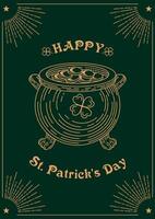 Lycklig st. patricks dag baner. fyra blad klöver, Bra tur. leprechauns guld kittel. årgång text, retro illustration. magi, religiös traditioner. för baner, hemsida, affisch, flygblad. vektor