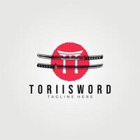 torii Schwert Logo Jahrgang Vektor Illustration Design, rot Punkt japanisch