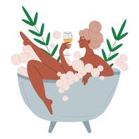 mörk flådd flicka tar en bubbla bad med en glas av vin. avslappning, spa, kropp vård. själv vård begrepp. vektor platt illustration för hemsida eller app