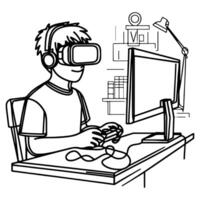 Single kontinuierlich Zeichnung schwarz Linie Kunst linear Junge mit virtuell Wirklichkeit Headset Simulator Brille zu lernen Neu Technologie vektor