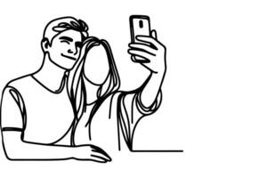 kontinuierlich einer schwarz Linie Kunst Zeichnung heiter jung Mann und Mädchen halten Smartphone zu nehmen Schauspielkunst Selfie oder Video Anruf durch Handy, Mobiltelefon Telefon Gliederung Gekritzel Vektor Familie Reise Konzept
