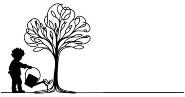 kontinuerlig ett svart linje konst teckning silhuett av barn vattning en träd. plantering träd till spara de värld och jord dag minska global uppvärmningen tillväxt begrepp vektor illustration på vit bakgrund