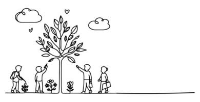 kontinuierlich einer schwarz Linie Kunst Zeichnung Silhouette von Kinder Pflanzen Baum. Schaufel gräbt Wurzeln Pflanze in Boden zu speichern das Welt und Erde Tag reduzieren global Erwärmen Wachstum vektor