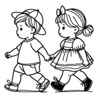 kontinuierlich einer schwarz Linie Kunst Hand Zeichnung Kind Gehen Kritzeleien Gliederung Karikatur Zeichen Stil Färbung Seite Vektor Illustration auf Weiß Hintergrund