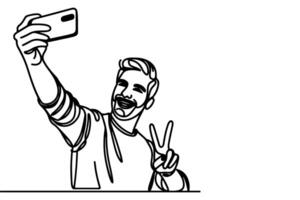 kontinuerlig ett svart linje konst teckning glad ung man innehav smartphone till tar verkande selfie eller video ring upp genom mobil telefon översikt klotter vektor familj resa begrepp