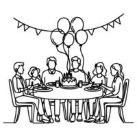 Single kontinuierlich Zeichnung schwarz Linie Familie Abendessen Sitzung beim Tabelle zu Feier Jahrestag glücklich Geburtstag Party Kritzeleien Vektor
