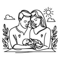 kontinuierlich einer schwarz Linie Kunst Zeichnung Eltern mit Neugeborene Baby Kritzeleien Gliederung Stil Vektor Illustration auf Weiß Hintergrund