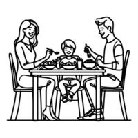 kontinuierlich einer schwarz Linie Kunst Zeichnung glücklich Familie Vater und Mutter mit Kind. haben Abendessen Sitzung beim Tabelle Kritzeleien Stil Vektor Illustration auf Weiß Hintergrund