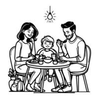 kontinuierlich einer schwarz Linie Kunst Zeichnung glücklich Familie Vater und Mutter mit Kind. haben Abendessen Sitzung beim Tabelle Kritzeleien Stil Vektor Illustration auf Weiß Hintergrund