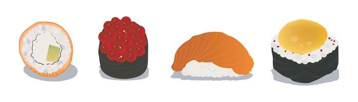 Vektor einstellen von Rollen und Sushi Garnele Meeresfrüchte japanisch Küche auf ein Weiß Hintergrund