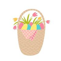 süß Frühling Korb mit Eier und Feld Blumen Vektor eben Illustration. Ostern Korb Symbol