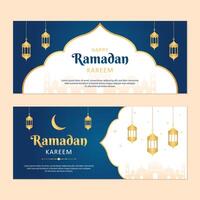 islamisch Ramadan Feier Banner Vorlage Design mit Gold Rahmen und Laterne Illustration. Ramadan Blau Banner Hintergrund. vektor