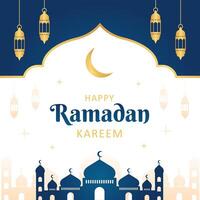 islamic hälsningar ramadan kareem bakgrund design med gyllene ram, moské, och lyktor. ramadan mall affisch för social media posta vektor