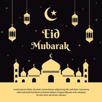 eid mubarak hälsningar bakgrund mall. affisch design med moské, och lykta illustrationer. islamic posta vektor