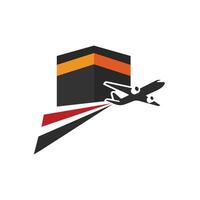 hajj und umrah Agentur Logo, Tour und Reise Symbol. fliegend Flugzeug mit Kabah Illustration. vektor